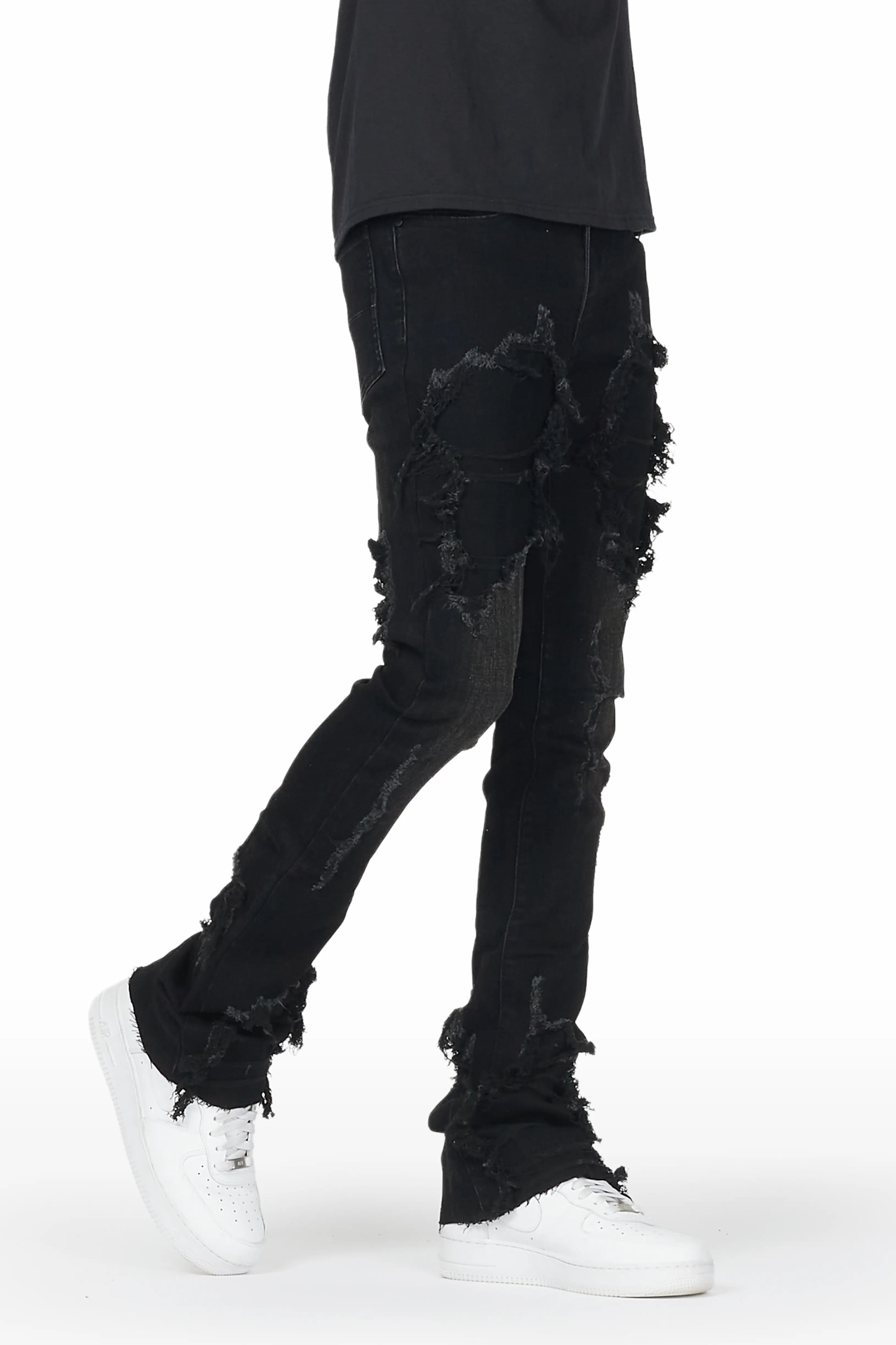 Fateh Jet Black Stacked Flare Jean