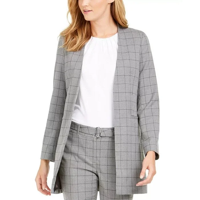 Weekend Wear Calvin Klein Women's Petite Collarless Plaid Topper Jacket Grey Size 1