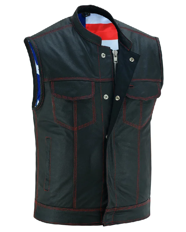 Smart Outfits DS165 MEN'S LEATHER VEST WITH RED STITCHING AND USA INSIDE FLAG LININ Smart Outfits DS165 MEN'S LEATHER VEST WITH RED STITCHING AND USA INSIDE FLAG LININ
