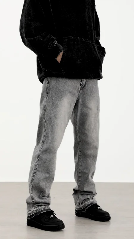 Grey Worn In Wash Loose Fit Straight Leg Denim