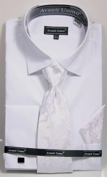 French Cuff Regular Fit Shirt in White with Tie, Cuff Links and Pocket Square