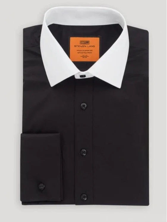 Steven Land Black Contrast Collar French Cuff Cotton Poplin Dress Shirt