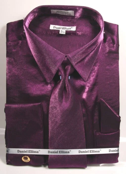 Purple Metallic Velvet Dress Shirt Set French Cuff