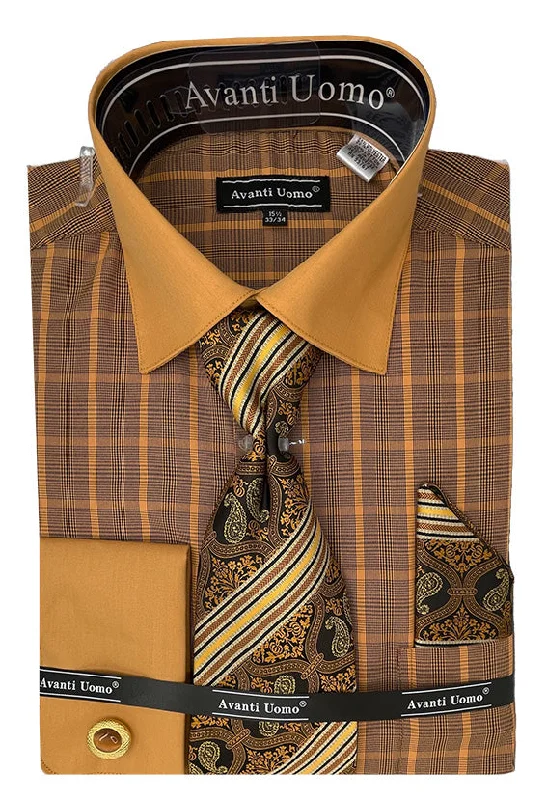 Cool Wearables Rust Tone on Tone Check Pattern Dress Shirt Set with French Cuff