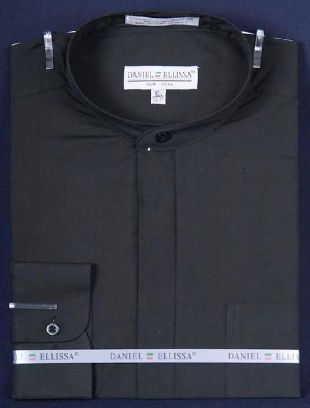 Basic Banded Collar Convertible Cuff Dress Shirt in Black