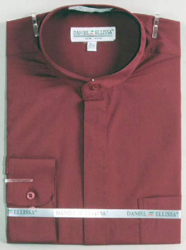 Basic Banded Collar Convertible Cuff Dress Shirt in Burgundy