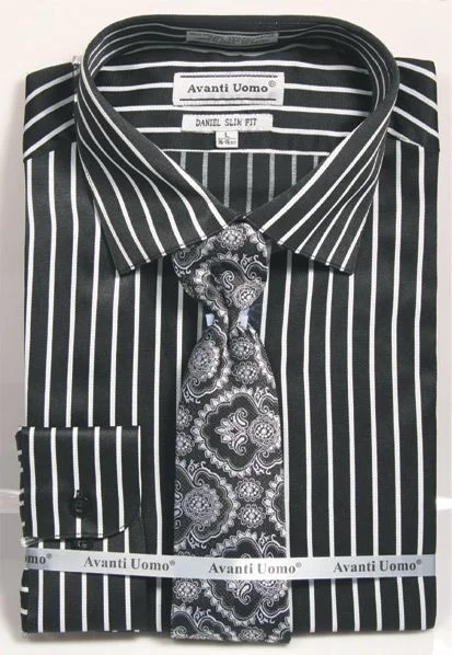 Button Cuff Slim Fit Stripe Shirt in Black/Silver and Tie Set