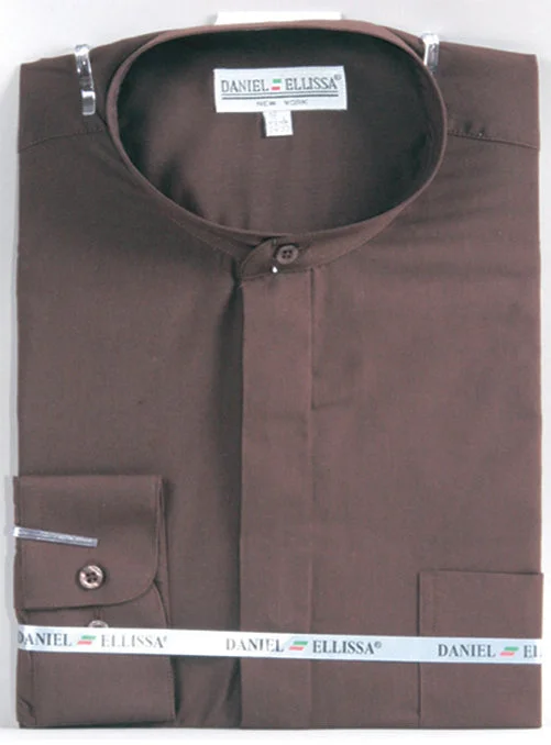 Basic Banded Collar Convertible Cuff Dress Shirt in Dark Brown