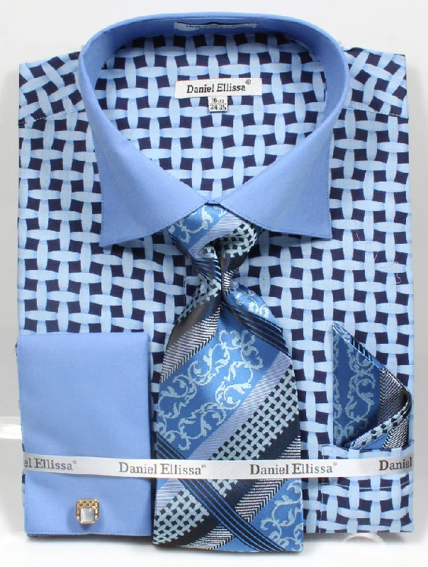 French Cuff Checker Pattern Cotton Shirt in Blue