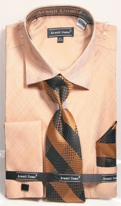 French Cuff Regular Fit Shirt in Tan with Tie, Cuff Links and Pocket Square