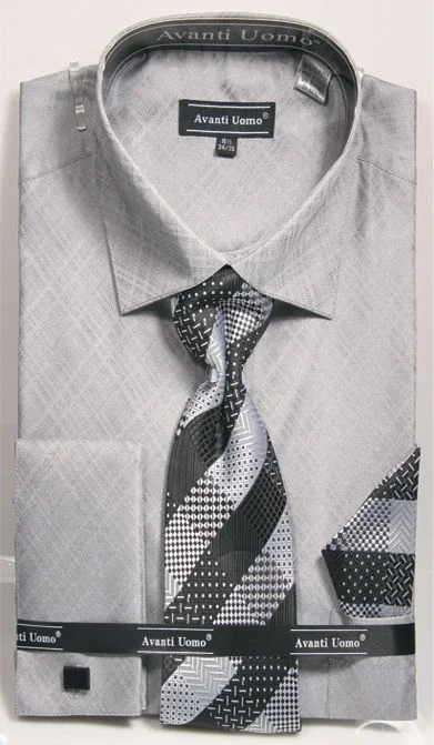 French Cuff Regular Fit Shirt in Gray with Tie, Cuff Links and Pocket Square