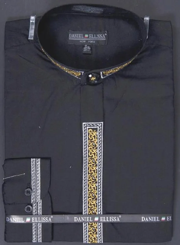 Basic Banded Collar Dress Shirt with Embroidery in Black