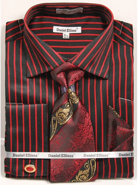 French Cuff Regular Fit Shirt Set Bold Stripe Black/Red with Tie, Cuff Links and Pocket Square