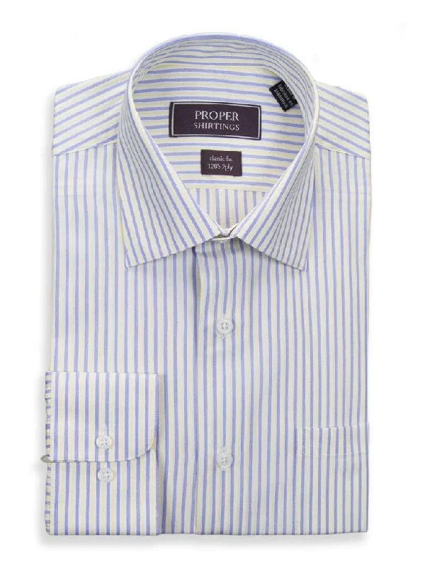 Classic Fit Yellow Blue Striped Spread Collar 120's Cotton Dress Shirt