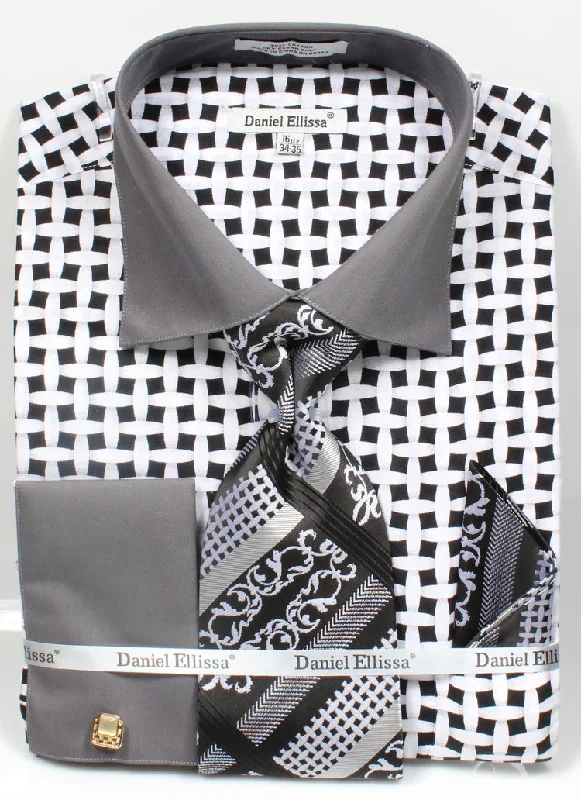 French Cuff Checker Pattern Cotton Shirt in Black/White