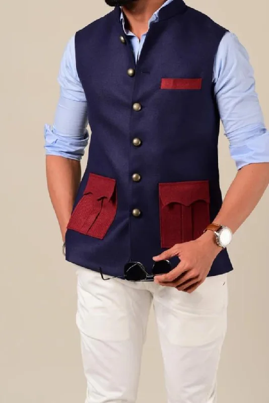 Cozy Pants Navy Maroon Sleeveless With Two Pocket Wedding & Party Jacket Premium Silky Smooth Shiny Textured Fabric