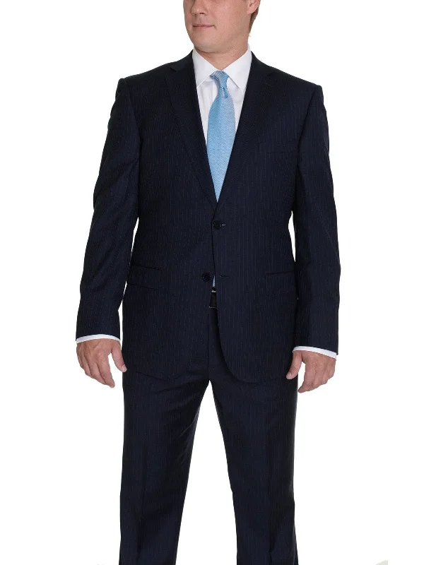 Flexible Wear Modern Fit Navy Blue Pinstriped Two Button Wool Suit